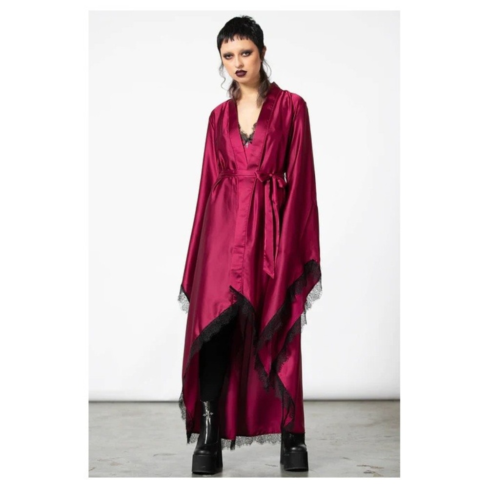 Killstar deadly daze satin lace trim bathrobe color red